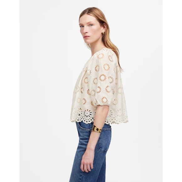 NWT Madewell Embroidered Shirred Puff-Sleeve Top in white size small NV195 - Picture 3 of 4